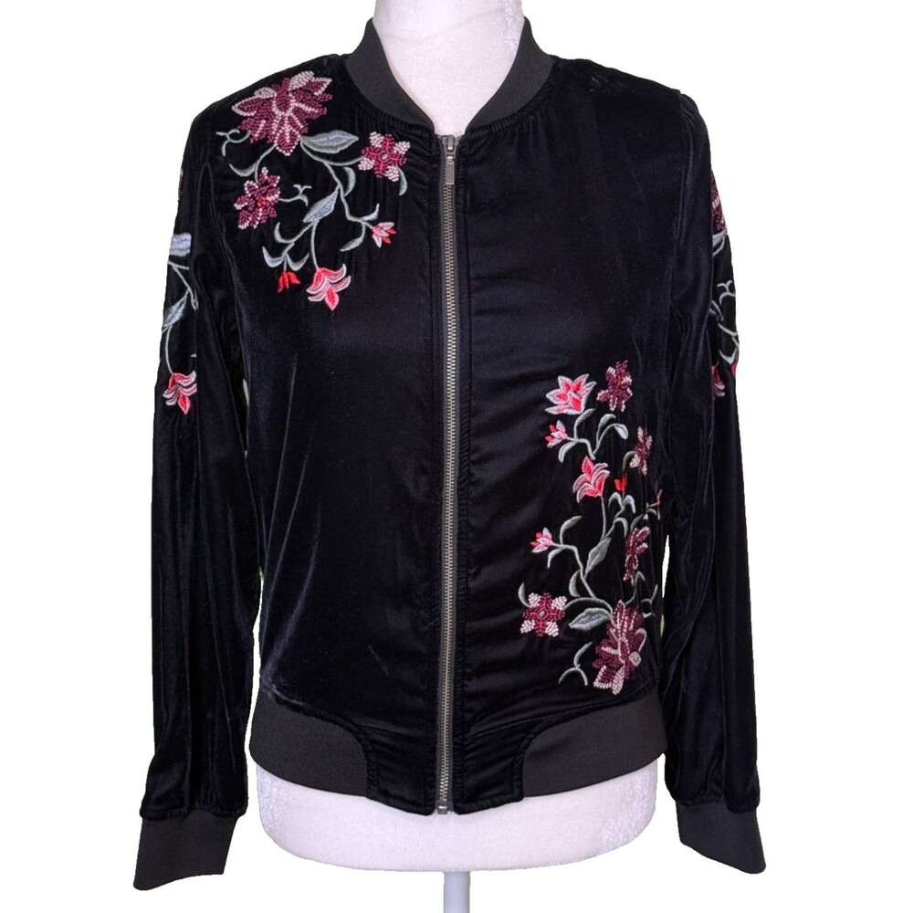 Ana Women's Black Velvet Bomber Jacket Y2K Streetwear Boho Festival Size Small